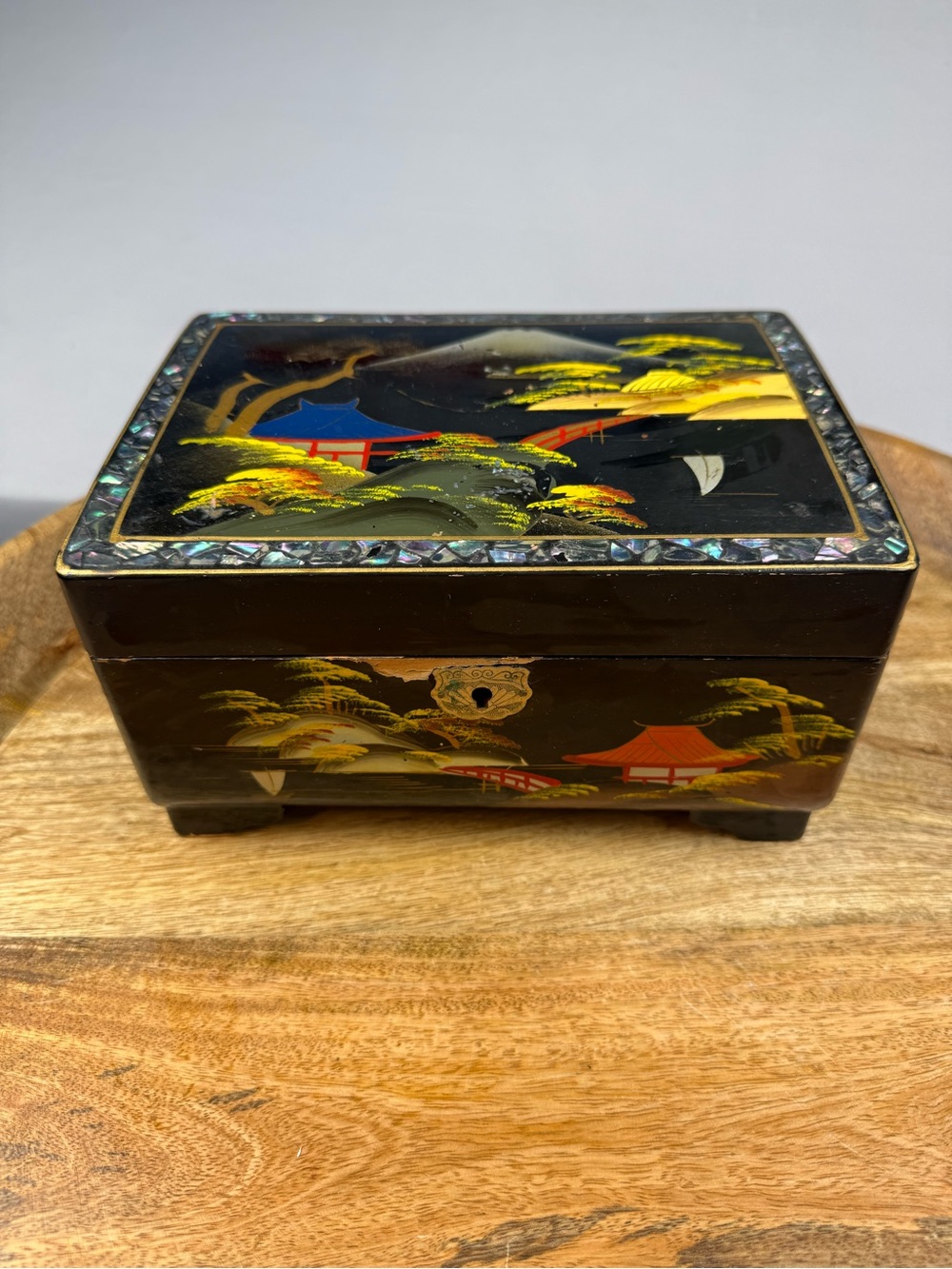 Vintage Japanese Abalone Inlay Music Box Jewelry Box Mirror Vanity Box